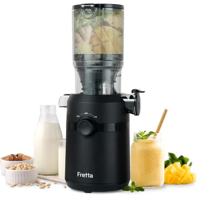 Fretta Extractor de Zumos y Verduras, Apertura de 108MM y Capacidad de 1L, Licuadora Prensado en Frio para Verduras Frutas Enteras,200W Slow Juicer Machine,Fácil Montaje y Limpieza,Sin BPA(Negro Mate)