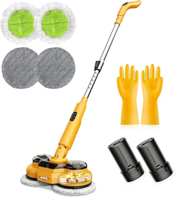 Qimedo Mopa Eléctrica para Suelos Duros, Mopa Giratoria 800 RPM con Baterías Recargables 5000 mAh, Mopa con Spray Inalámbrica para Suelos de Madera y Azulejo