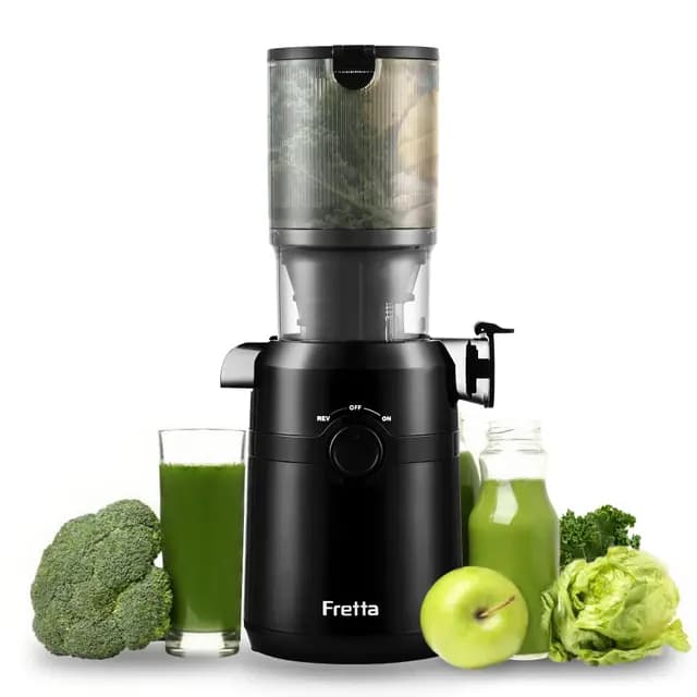 Fretta Extractor de Zumos y Verduras, Apertura de 108MM y Capacidad de 1L, Licuadora Prensado en Frio para Verduras Frutas Enteras, 200W Slow Juicer Machine, Fácil Montaje y Limpieza,Sin BPA(Negro,1L)