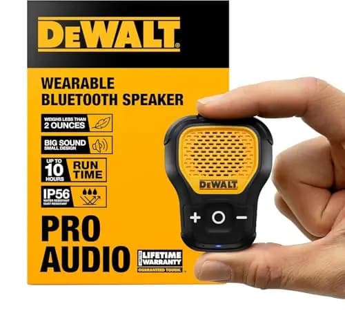 DEWALT Altavoz Bluetooth Portátil, Emparejamiento Estéreo Inalámbrico, Resistente al Agua, magnético, con Clip, micrófono Incorporado, 10 Horas Reproducción, música/Llamadas Manos Libres