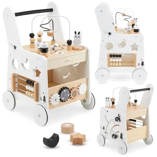 Mamabrum Caminadora y Andador Bebé 6 en 1 - Mesa Educativa de Madera con Ábaco, Engranajes y Juegos - Centro de Actividades para Primeros Pasos - 31 x 28 x 49 cm