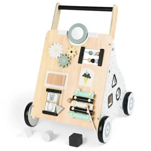 Aolso Andador de madera para bebé, caminador de empuje con bloques, centro de actividades de múltiples juguetes de aprendizaje, andador de actividades que apoya las habilidades motoras, desarrollo