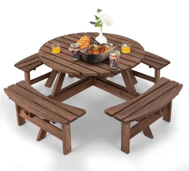 GIANTEX Juego de Muebles de Jardín al Aire Libre de Madera de Abeto para 8 Personas, Juego de Mesa de Picnic con Agujero para Sombrilla para Patio, Jardín, Terraza