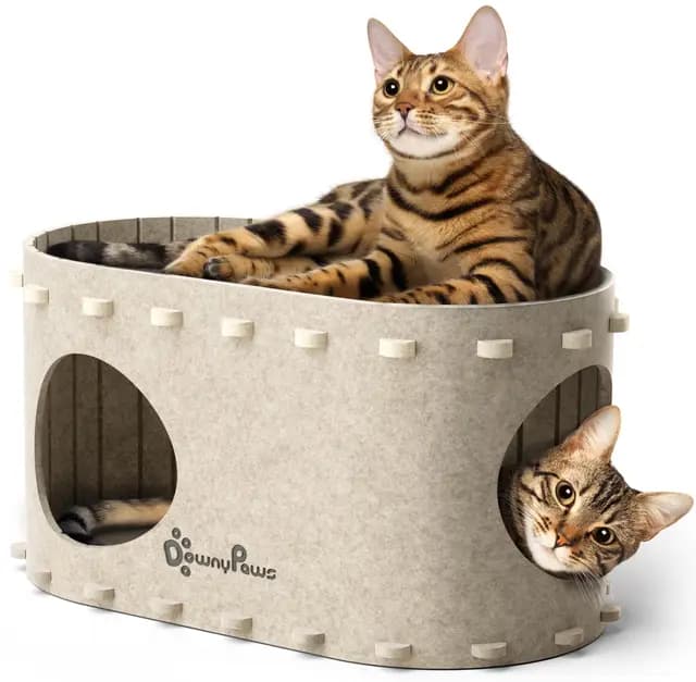 DownyPaws Cama Gato de Fieltro, Cama Gatos Cueva 2 en 1 para Descansar y Jugar, Casitas para Gatos, Robustas y Resistentes a los Arañazos, Fácil de Limpiar y Montar, Beige – Imagen 1