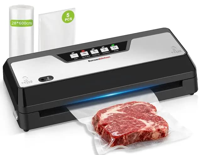 Bonsenkitchen Envasadora al Vacio con Cortador Incorporado y Función de Almacenamiento de Bolsas, Apta Para Cocción al Vacío y Comidas Preparadas, Incluye 1 Rollo y 5 Bolsas Precortadas, Negro – Imagen 1