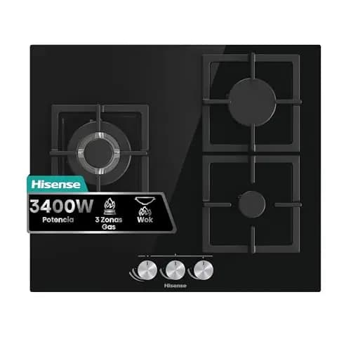 Hisense GG633B - Placa de Gas Natural, 3 Zonas, 60 cm, Parrilla de Hierro Fundido y Cristal Templado Negro, Autoencendido Integrado en los mandos, Seguridad GasStop, Fácil limpieza