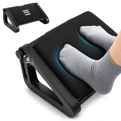 Reposapiés ergonómico con cojín viscoelástico y 6 alturas ajustables | Apoya pies oficina ideal para casa, escritorio, sofá y teletrabajo, mejorando postura y confort.