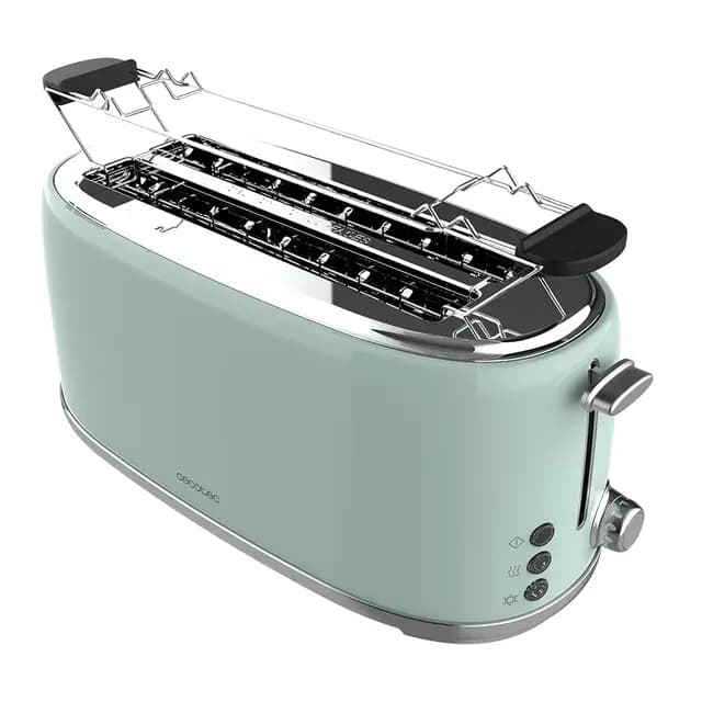 Cecotec Tostadora 4 Rebanadas Toast&Taste 1600 Retro Double Green. 1630 W, 2 Ranuras Anchas de 3,8 cm y Largas, Acero Inoxidable, Varillas Superiores, Potencia Regulable, Bandeja recogemigas – Imagen 1