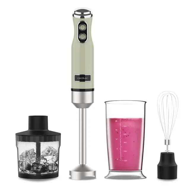 Cecotec Batidora de Mano Power RetroGreen 1200MAX Cream&Crush. Potencia Máxima 1200 W, Tecnología CrossBlades, 2 Velocidades, Set Accesorios aptos Lavavajillas, Campana antisalpicaduras – Imagen 1