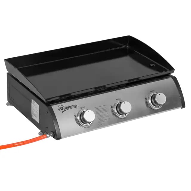 Outsunny - Plancha de gas (acero inoxidable, 3 quemadores, 9 kW, antiadherente, gran superficie de la parrilla, 61 x 35,5 cm)