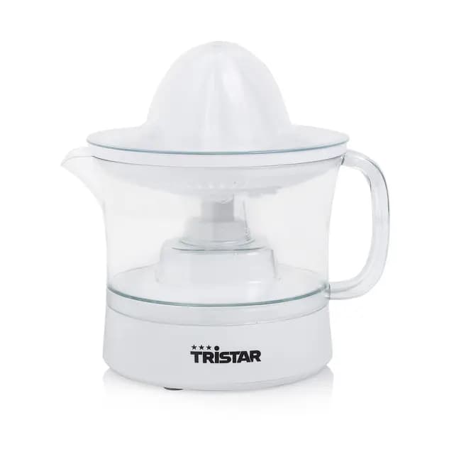 Tristar CP-3005 Exprimidor de cítricos · 25W · Capacidad de 0.5 L, 2 conos de diferente tamaño incluidos, Jarra extraíble, Tapa transparente antipolvo, libre de BPA, blanco