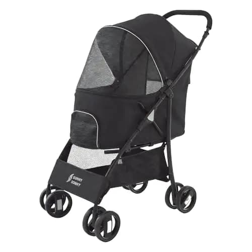 Sunny Sonny Cochecito de Mascotas para Perros y Gatos Pequeños/Medianos hasta 15 kg, Plegable Portátil con Ruedas Giratorias, Cubierta Antilluvia, Cesta, Cremallera y Diseño Seguro (Negro)