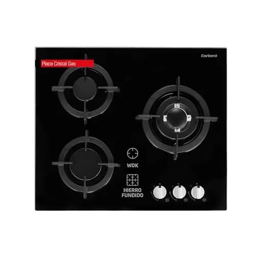Corberó - Placa Cristal Gas butano |CPCGY2303N | 3 Fuegos | Potencia 7,75KW | Zona Wok | Sin Autoencendido | Desconexión Automática | Parrilla Hierro Fundido | Kit de conversión a gas natural | Negro