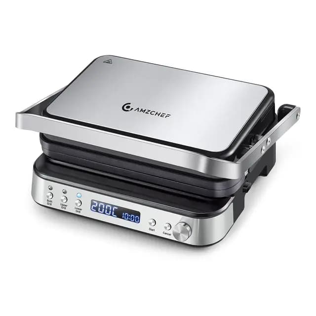 AMZCHEF Multifuncional 4 en 1 grill de contacto, plancha, gofrera y sandwichera con 4 placas antiadherentes extraíbles, tiempo y temperatura individuales, pantalla LED, grill saludable 2000W – Imagen 1