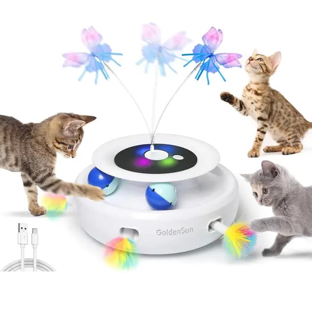 GoldenSun Juguetes para Gatos Recargable, Juguete Automático para Gatos 3 en 1, Pluma Móvil de Emboscada, Mariposa Aleteadora, Bolas de Rastreo, Golpea al Topo, Incluye 4 Accesorios