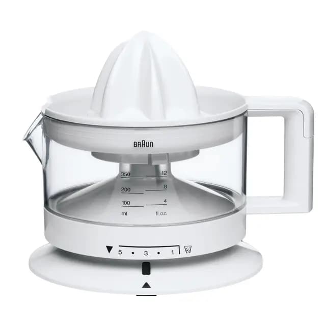 Braun CJ3000 WH - Exprimidor Eléctrico de Naranjas, 20 W, 350 ml, Cantidad de Pulpa Ajustable, Apto para Lavavajillas, Diseño Icónico, Blanco [Clase de eficiencia energética A]