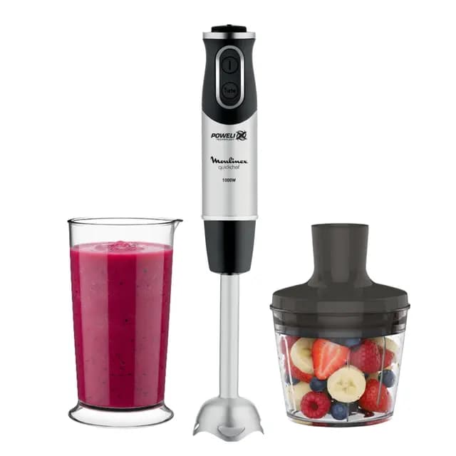 Moulinex QuickChef, Batidora de Mano de 1000 W, 10 velocidades variables y función turbo, Protector antisalpicaduras, Incluye picador de 500 ml y vaso medidor de 800 ml, Negra, DD6578 – Imagen 1