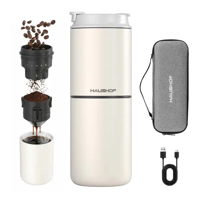 HAUSHOF Molinillo de Café Eléctrico Portátil Inalámbrico con Taza Térmica Doble 700ml, 5 Niveles de Molienda Ajustable, Cafetera Vertido Todo en Uno para Camping, Outdoor Viaje, RV y Oficina