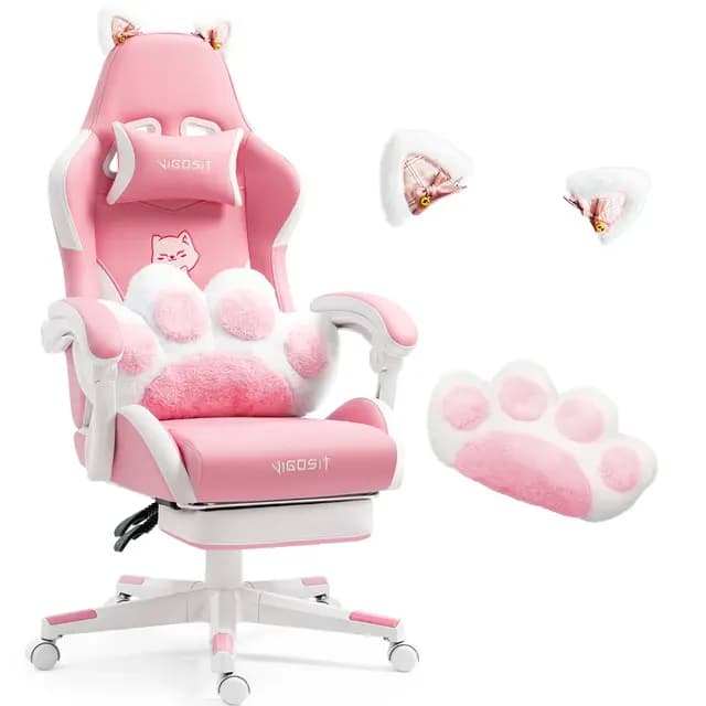 Vigosit Silla de juegos linda con cojín lumbar de pata de gato y orejas de gato, silla de juego ergonómica con reposapiés, sillón de PC ajustable para niñas, adolescentes, niños, rosa