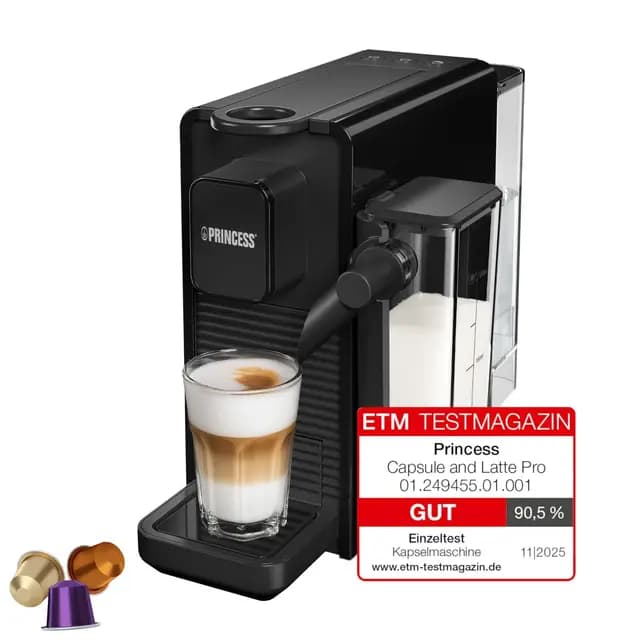Princess Capsule and Latte Pro Cafetera de Cápsulas, Compatible Nespresso, Leche Automática, 20 Bares, 1400W, Libre de BPA, Partes Lavables, Apagado Automático, 01.249455.01.001