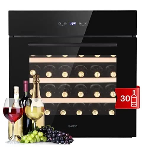 KLARSTEIN Vinoteca, Nevera Vino Refrigeración 1 Zona Empotrable, Nevera Pequeña Cerveza para Interior y Exterior con Puerta de Cristal, Botellero Panel Táctil, Temperatura 5-18 °C, 30 Botellas
