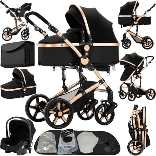 Carrito Bebe 3 en 1, Carro Bebe con Dos Modos de Empuje Reversibles, Cochecito Bebe 3 Piezas con Marco de Aluminio, Carricoche Bebe con Diseño Plegable con Un Solo Clic (588 Black Gold)