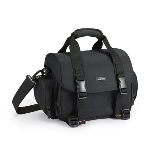 Amazon Basics Bolsa de Hombro para Cámara SLR y Accesorios, Grande, Correa Ajustable, Impermeable, Antichoque, Sólido, Acolchado - Negro/Gris