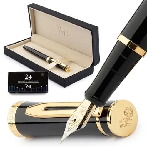 Wordsworth & Black Juego de pluma estilográfica, punta mediana, incluye 24 cartuchos de tinta y convertidor de recarga de tinta, estuche de regalo, bolígrafos de escritura suave [Oro negro]