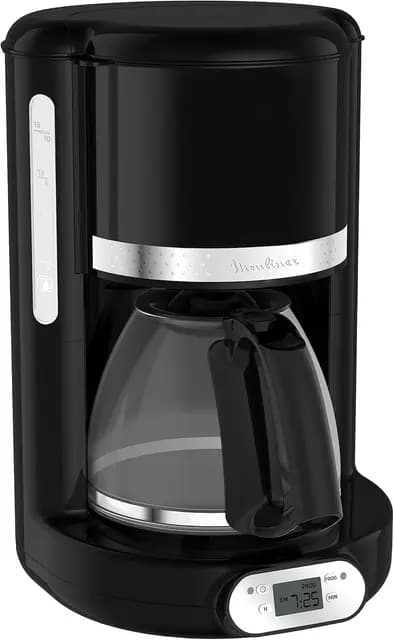 Moulinex Soleil – Cafetera filtro, capacidad de 1,25 L, hasta 15 tazas, control nivel del agua, temporizador programable, función mantener caliente, jarra cristal, color negro, FG380B