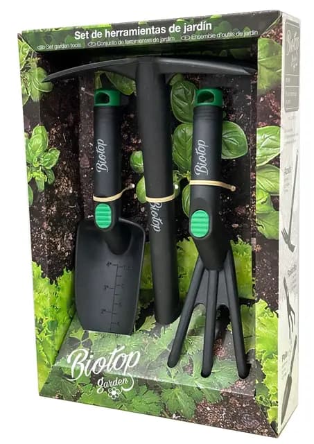 BioTop Set de Herramientas Premium fabricadas en Fibra de Vidrio y resina virgen Pala plantador, rastrillo y azuela ideales para tu huerto o jardín