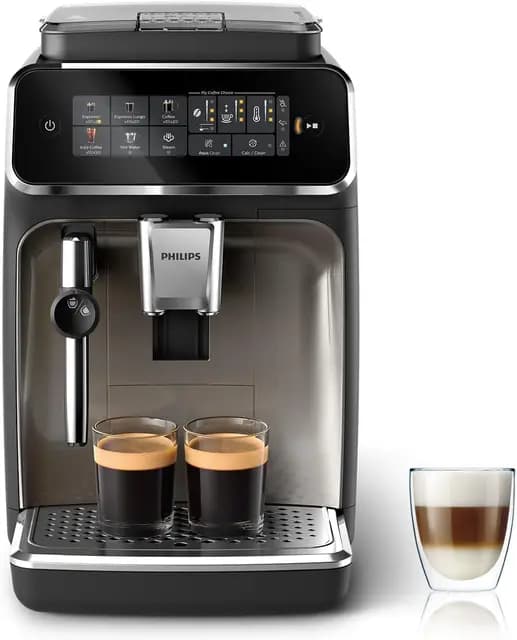 PHILIPS Serie 3300 Cafetera Superautomática, Espumador de leche clásico, 5 tipos de café, SilentBrew, Molinillo Cerámico, pantalla táctil, cromo negro (EP3326/90)