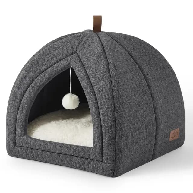 Bedsure Cama para Gatos Grande - Cueva para Gatos 40 x 40 x 40 cm, Casa para Gatos de Interior con Cojín Sherpa Extraíble y Juguete Colgante, Cama Lavable, Gris Oscuro