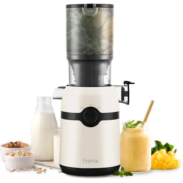 Fretta Extractor de Zumos y Verduras, Apertura de 108MM y Capacidad de 1L,Licuadora Prensado en Frio para Verduras Frutas Enteras,200W Slow Juicer Machine,Fácil Montaje y Limpieza,Sin BPA(Blanco Roto)