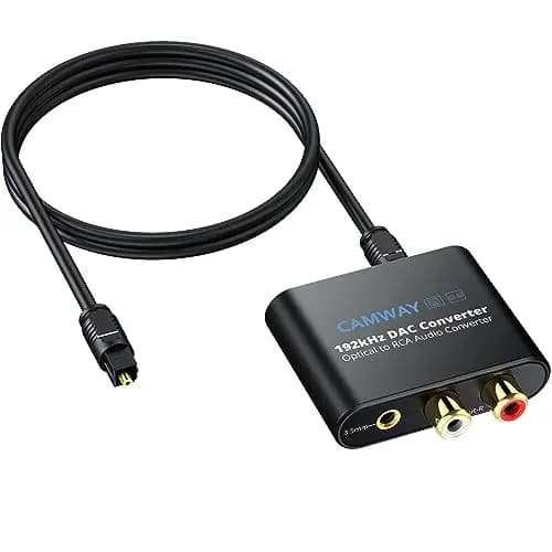 CAMWAY 192KHz Convertidor de Audio Digital a Analógico, Adaptador SPDIF Óptico a RAC+3.5mm,L/R DAC con Cable Óptico de 1M,Compatible con TV/DVD/Blu-ray/Xbox/PS3/PS4