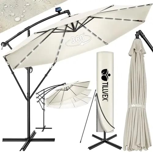 tillvex 300/350 cm Sombrilla Excentrico con 32 Luces LED Solar | Parasol para Terraza Jardín Balcón Patio | con Manivela y Base en Cruz, Giratorio 360º, Protección UV