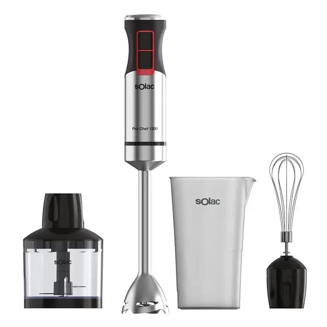 Solac - Batidora de Mano Pro Chef 1201, 1200W, 21 Velocidades Ajustables + Turbo, 4 Cuchillas Acero Inoxidable, Pica Hielo, Antisalpicaduras, Accesorios Incluidos, Vaso Medidor, Negro y Metálico – Imagen 1