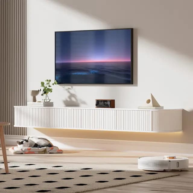 Mueble de TV Flotante con Luz LED - Mueble de TV Montado en Pared de 160CM con Almacenamiento Mejorado y Bordes Redondeados, Consola Multimedia de TV Moderna para Televisores 55-65 Pulgadas