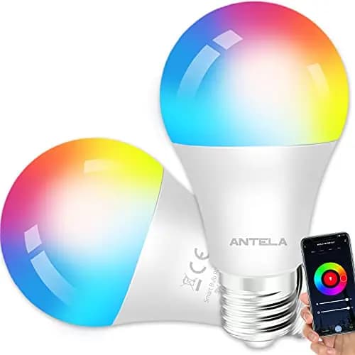 ANTELA Bombilla Inteligente LED E27 Wifi Compatible Con Google Home/Alexa, Bombilla RGB(2700K-6500K) Luces Colores Regulable, Control Remoto,Control De Voz, Ahorro Energético, Paquete 2