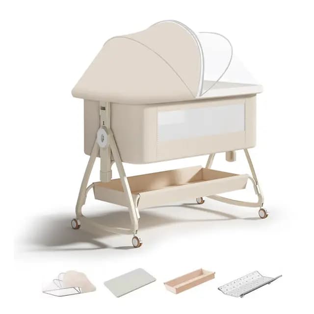 Cuna de Colecho 4 en 1 Convertible en Minicuna | Cuna de Bebé Ajustable en 6 Alturas (0-3 Años) con Colchón,Cambiador,Mosquitera y Cesta de Almacenamiento | para Colocar al Lado de Cama (Beige)