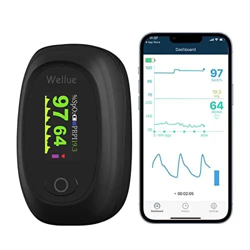 Wellue Pulsioximetro con Bluetooth, Oximetro Dedo Profesional Monitorea la Saturación de Oxígeno en Sangre y la Frecuencia Cardíaca, Medidor Oxigeno en Sangre con APP y Grabación, con Alarma