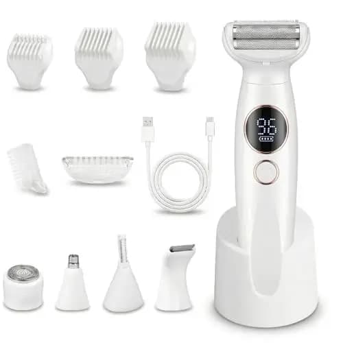 Carehabi 5 en 1 Afeitadora Eléctrica Mujer & Depiladora Zona Íntima - Rasuradora Femenina Impermeable IPX7 para Bikini, Cara, Cejas y Cuerpo - Máquina de Afeitar con Base de Carga USB (Lady Shaver)