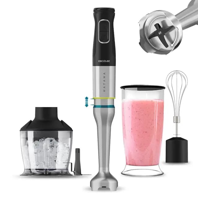Cecotec Batidora de Mano Katana 12 Chop B. 1200 W, 21 Velocidades y Turbo, 4 Hojas con Titanio Negro, Campana antisalpicaduras, Pie extralargo, Vaso 800 ml, Kit de accesorios – Imagen 1