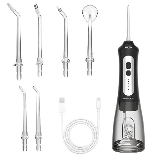Irrigador bucal inalámbrico BarberBoss para dientes y encías, 6 boquillas multifuncionales, pantalla LED, recargable por USB, irrigador eléctrico (negro)
