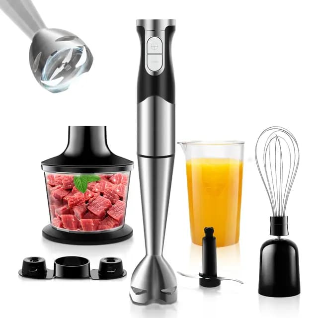 Batidora de Mano 6 en 1 Multifunción 1200W Batidora de Mano Eléctrica Velocidad Regulable en Acero Inoxidable con Función Antisalpicaduras para Carne Verduras etc Accesorios Incluidos – Imagen 1