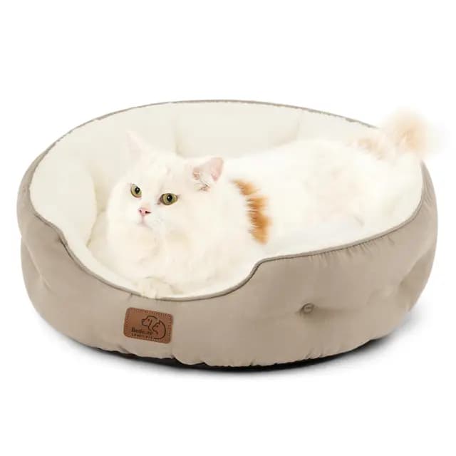 Bedsure Cama Grande Lavable Gatos - Redonda Antideslizante Interior para Gatitos y Cachorros, Camello 51x48x15cm