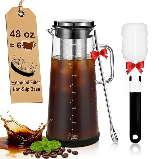 Cafetera Cold Brew de 1,4 L / 48 oz Con Mango, Filtro de Acero Inoxidable Extendido Para Extracción Profunda, Jarra de Té Helado Con Base Antideslizante, Incluye Cepillo de Limpieza Y