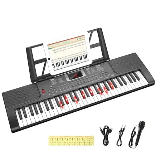 Piano digital electrónico para niños con teclas iluminadas, portátil, de 61 teclas, juguete musical educativo para principiantes con atril y micrófono.(Negro) – Imagen 1