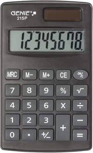 Genie Calculadora de bolsillo de 215 dígitos P8 dígitos, doble potencia (solar y batería), diseño compacto, color gris