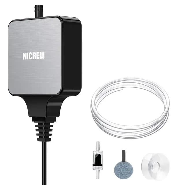 NICREW Oxigenador Acuario Ultra-Silencioso<33 dB, Nano Bomba de Aire Silenciosa hasta 40 L, Accesorios para Nano Acuario, 18 L/H, 1,5 W