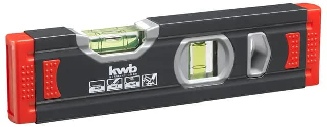 kwb Mini nivel de burbuja de aluminio de 1 mm de 20 cm, nivel de burbuja asegurado, m de precisión, pulido preciso, 1 burbuja horizontal y vertical, incluye protección contra caídas de goma,